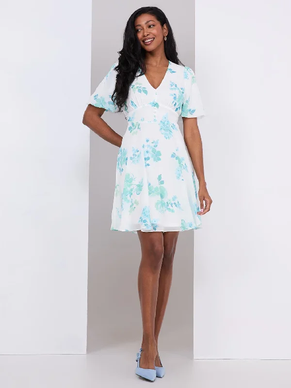 Floral Print V-Neck Dress With Button Details