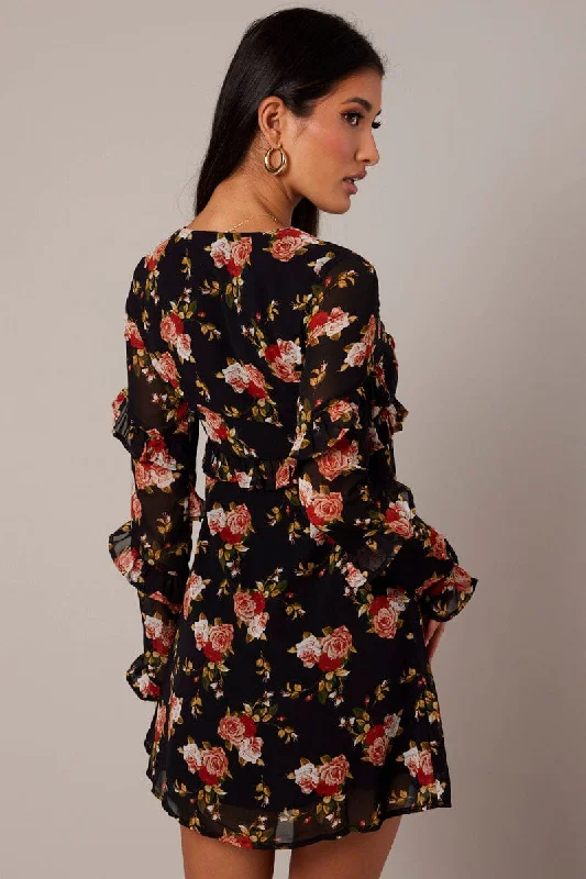 Black Floral Smock Dress Ruffle Sleeve Dress