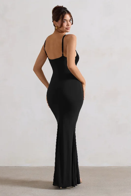 Love Shy | Black Plunge Neck Maxi Dress With Split Detail