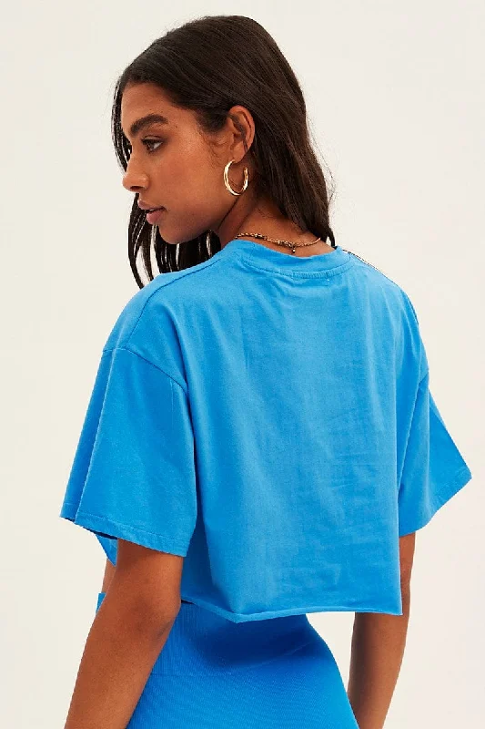 Blue Los Angeles Crop Tee Short Sleeve Crew Neck