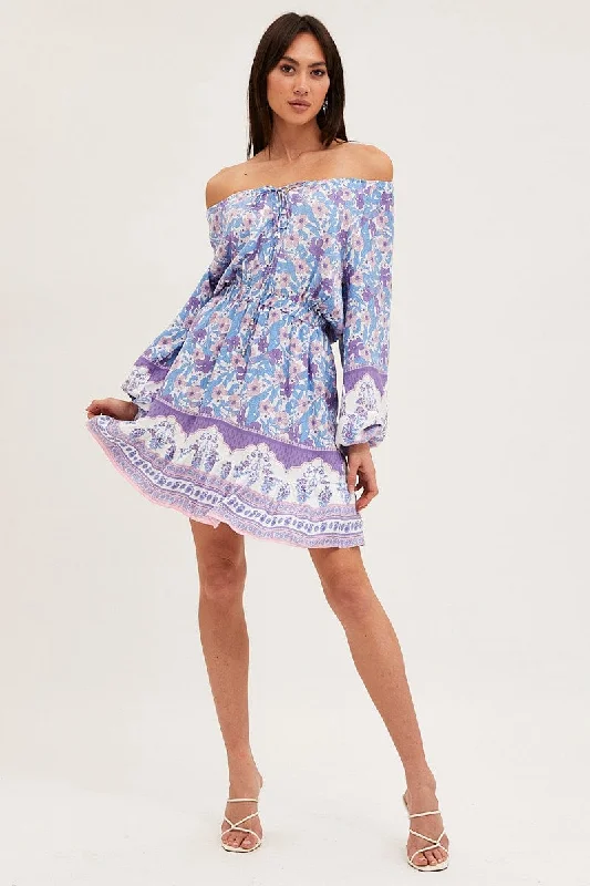 Boho Print Tie Waist Dress Long Sleeve Mini