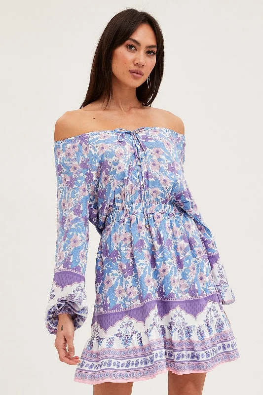 Boho Print Tie Waist Dress Long Sleeve Mini