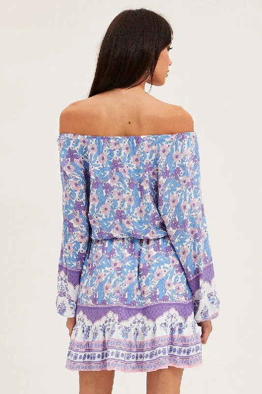 Boho Print Tie Waist Dress Long Sleeve Mini