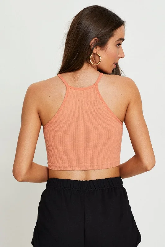 Brown Rib Top Seamless Crop