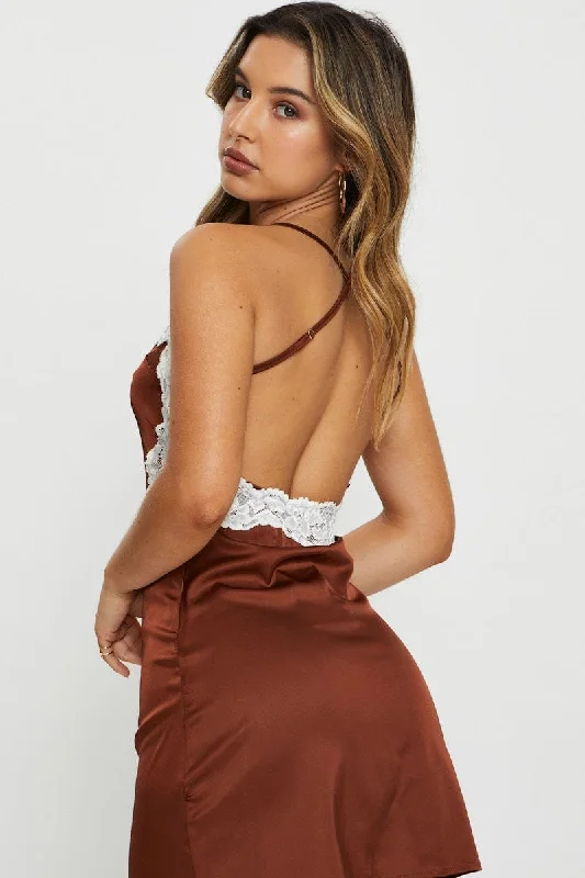 Brown Slip Dress Mini Satin