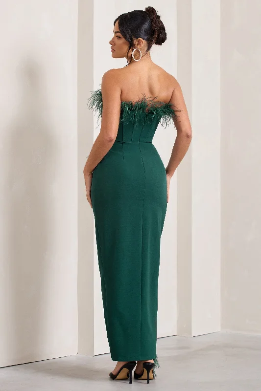 Cosmo | Bottle Green Bandeau Feather Corset Split Maxi Dress