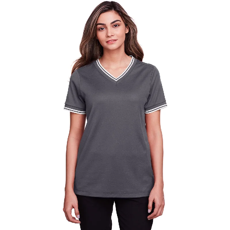 Devon & Jones Women's Graphite/White CrownLux Performance Plaited Tipped V-Neck Polo