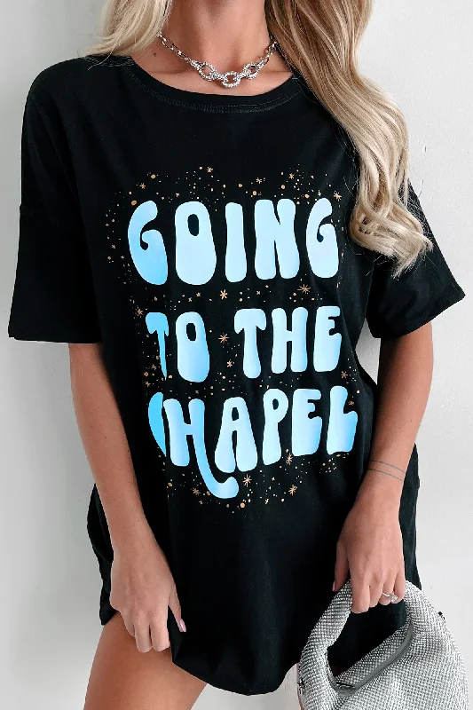 ""Going To The Chapel"" Oversized Metallic Graphic T-Shirt Dress (Black) - Print On Demand