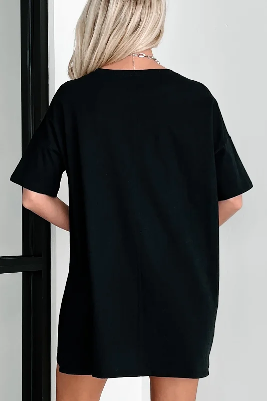 ""Going To The Chapel"" Oversized Metallic Graphic T-Shirt Dress (Black) - Print On Demand