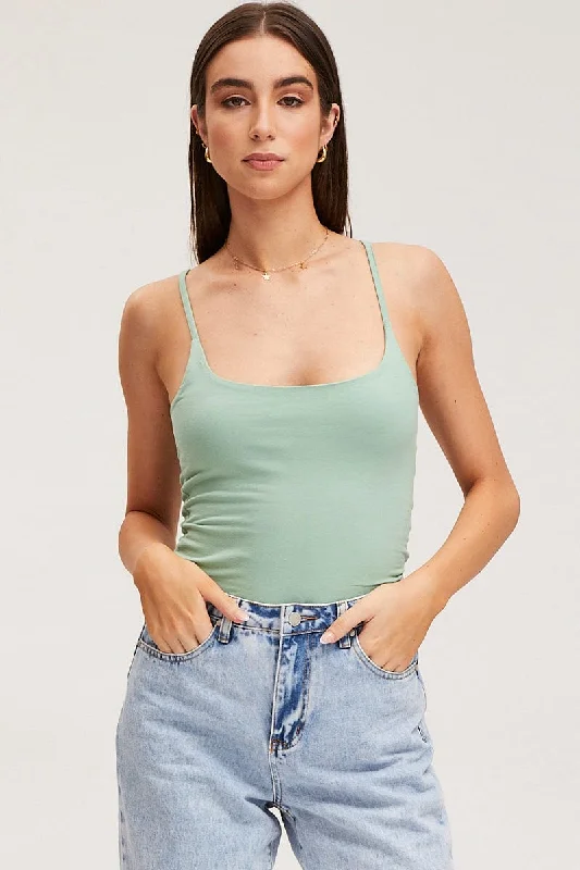 Green Singlet Top Sleeveless Cotton