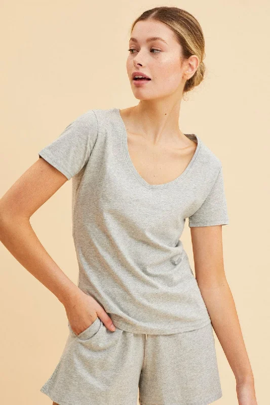 Grey V Neck T-Shirt Cotton Regular Fit Cotton