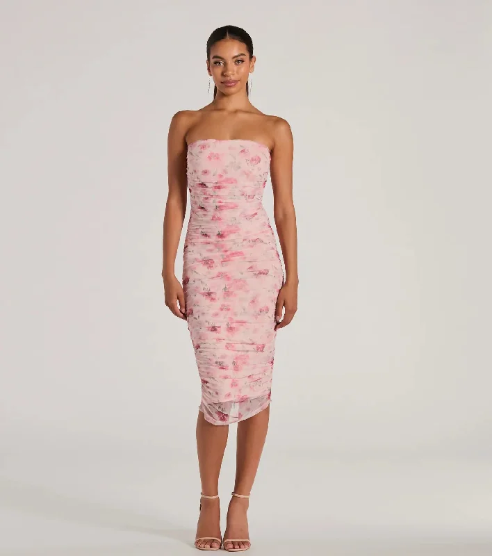 Love And Floral Strapless Mesh Midi Dress