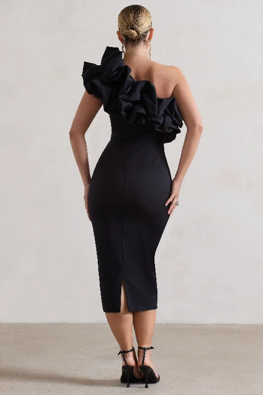 Orchestra | Black One Shoulder Ruffled Midi Dress