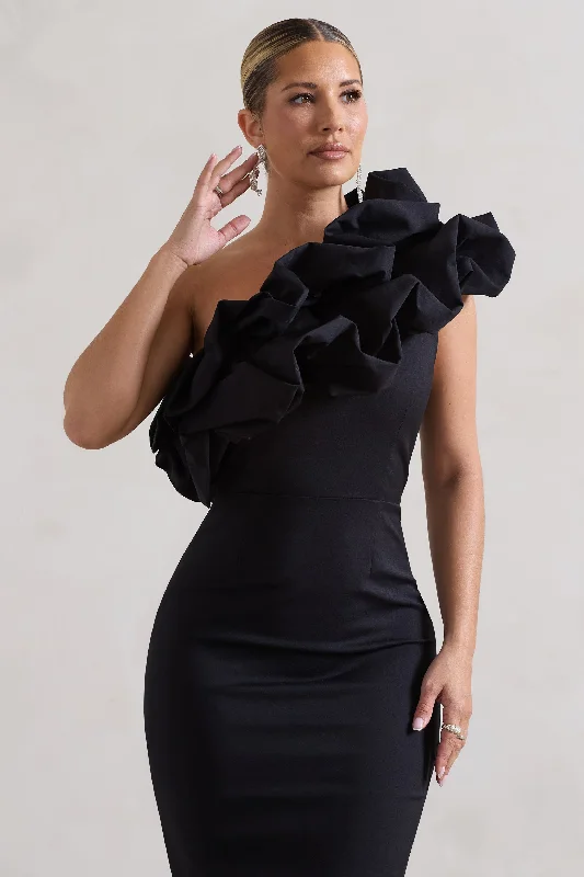 Orchestra | Black One Shoulder Ruffled Midi Dress