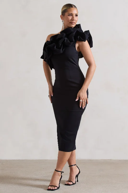 Orchestra | Black One Shoulder Ruffled Midi Dress