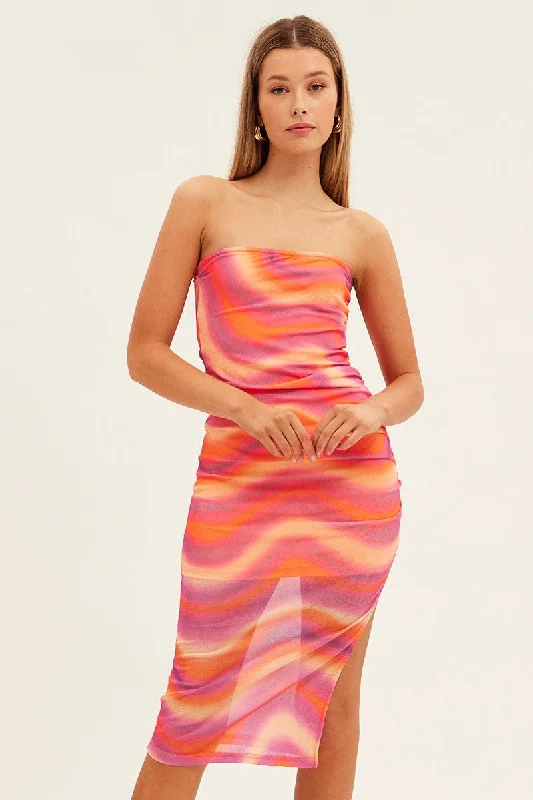 Pink Abstract Midi Dress Boob Tube Side Split