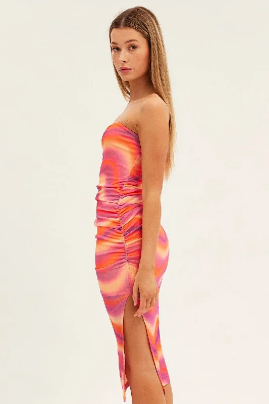 Pink Abstract Midi Dress Boob Tube Side Split