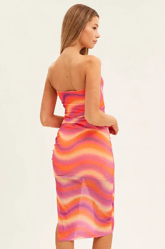 Pink Abstract Midi Dress Boob Tube Side Split