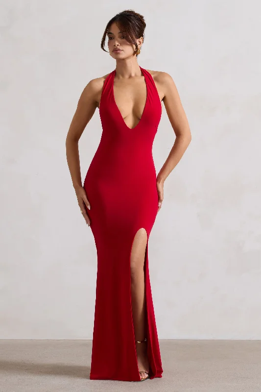 Glamour | Red Backless V Plunge Halter Neck Maxi Dress With Side Split