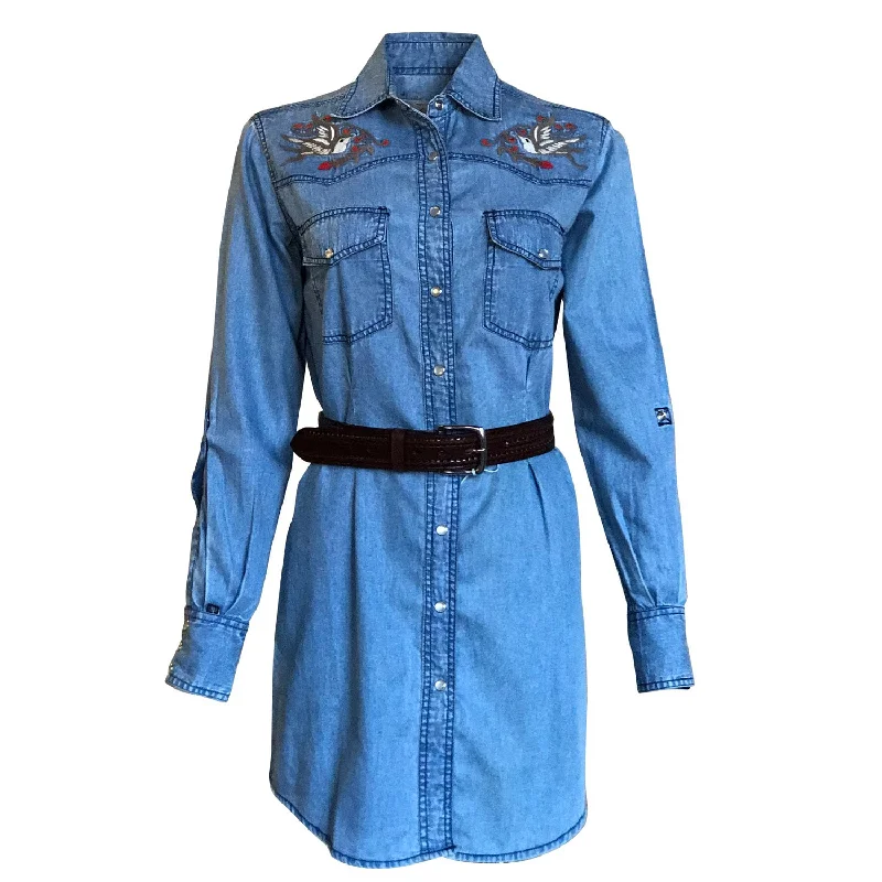 Rockmount Womens Denim 100% Cotton Flying Swallow L/S Shirt Dress