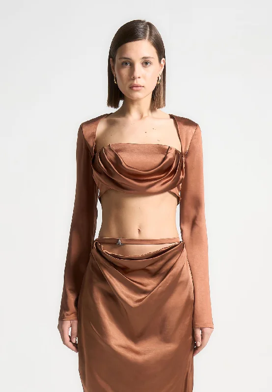 Satin Drape Bandeau Bolero Top - Bronze