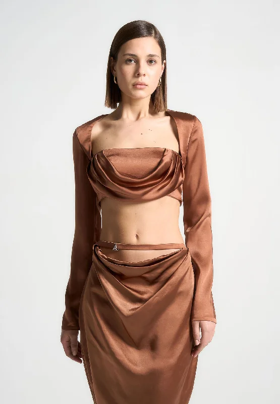 Satin Drape Bandeau Bolero Top - Bronze