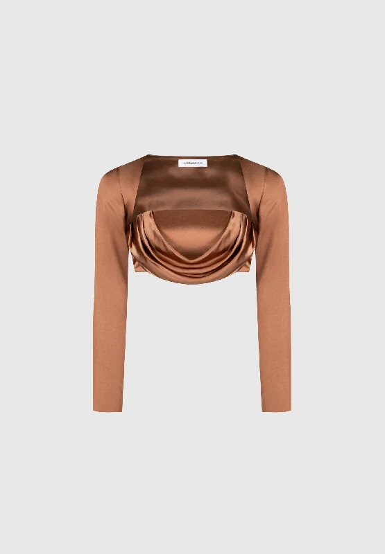 Satin Drape Bandeau Bolero Top - Bronze