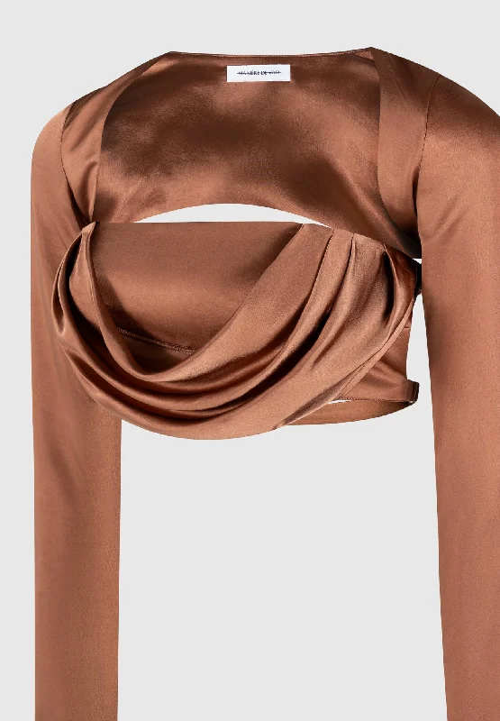 Satin Drape Bandeau Bolero Top - Bronze