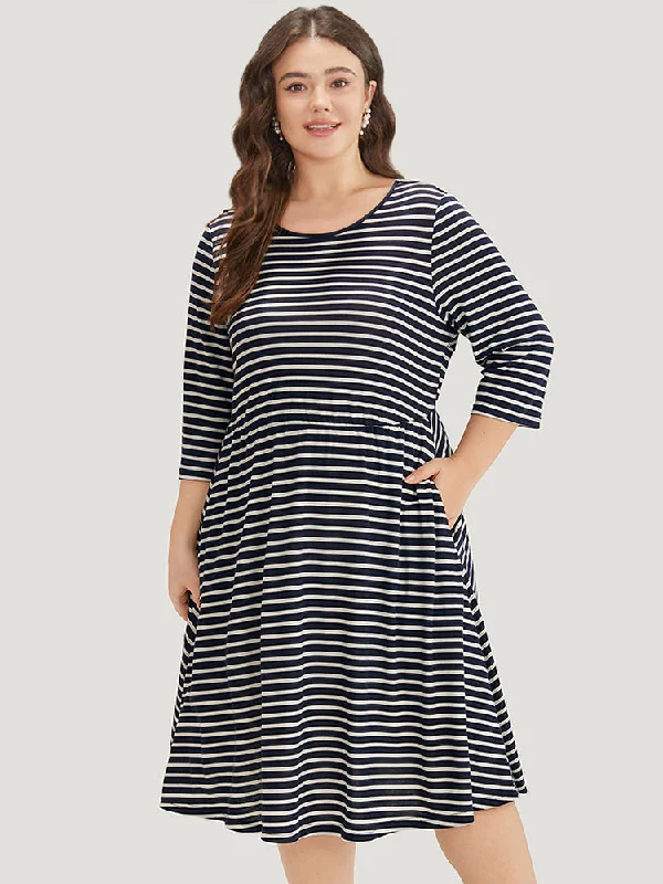 Striped Crew Neck Pocket Twist Back Dress