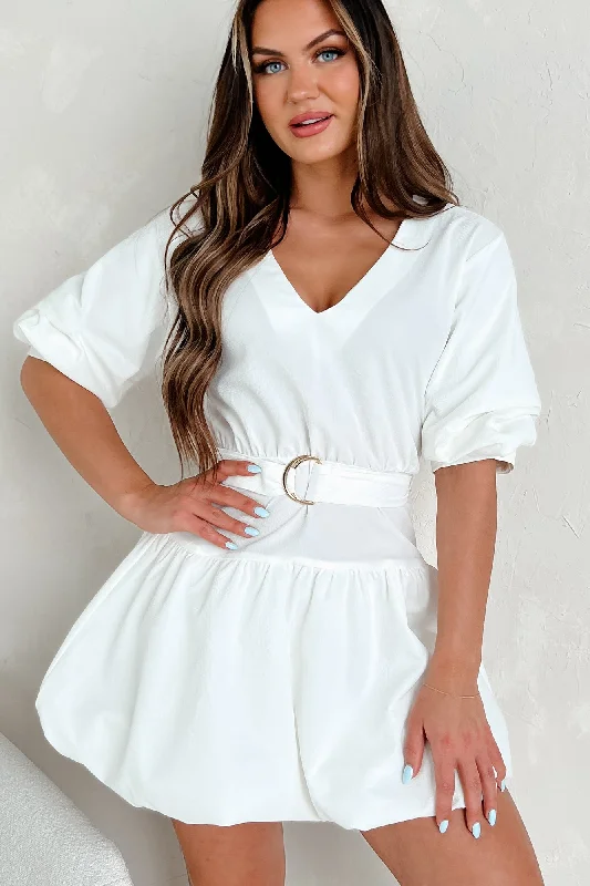 Tracy Belted Bubble Hem Mini Dress (Off White)