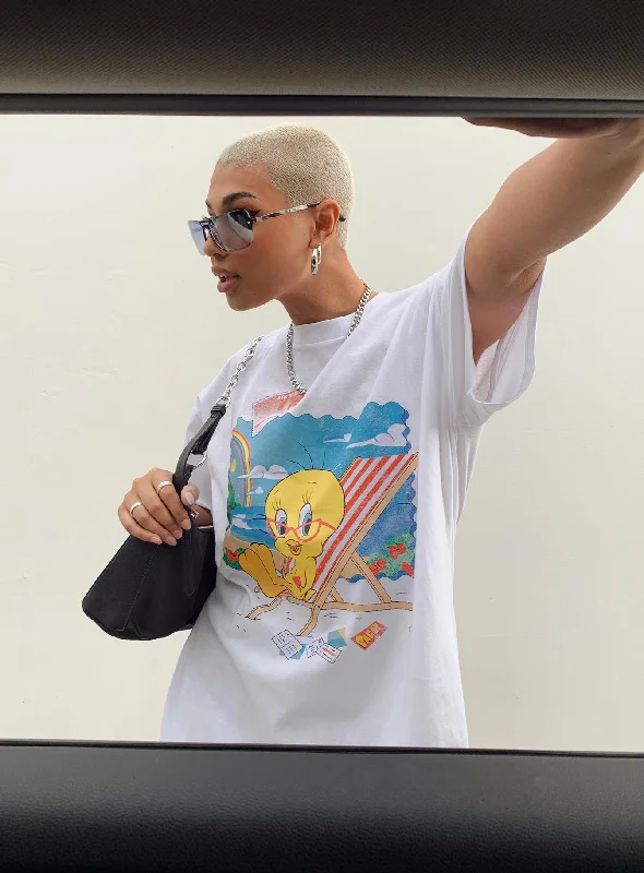 Tweety Post Card Vacation Oversized Tee White