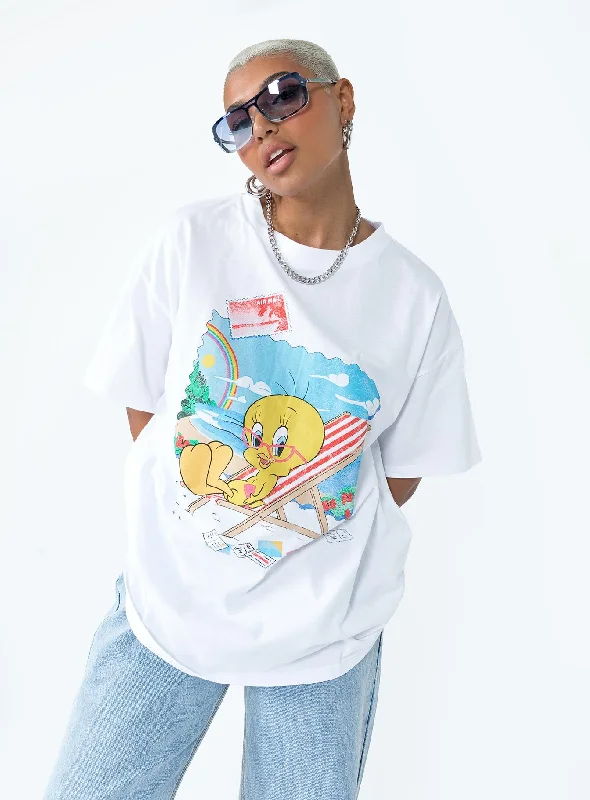 Tweety Post Card Vacation Oversized Tee White