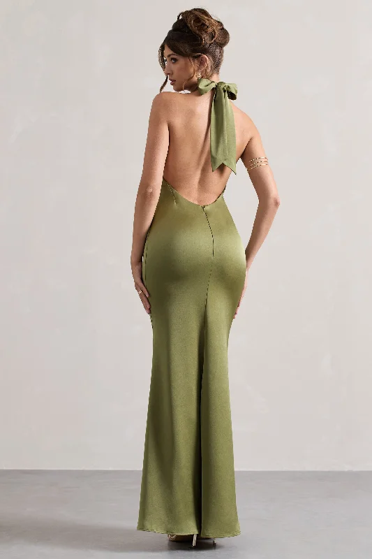 Unbeatable | Olive Satin Cross Over Halter-Neck Maxi Dress