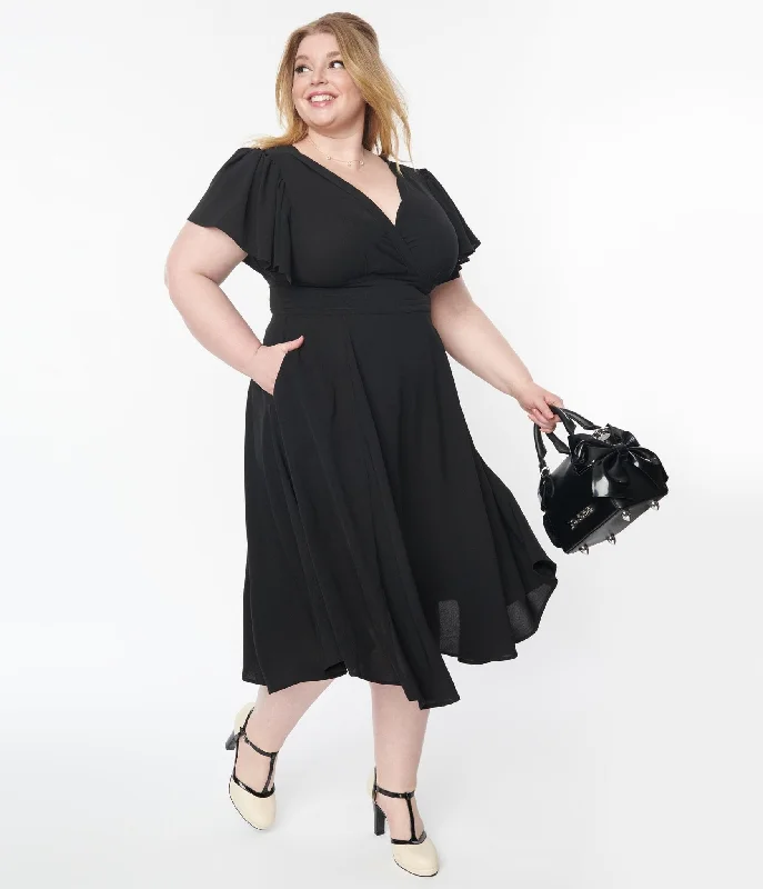 Unique Vintage Plus Size 1940s Black Texture Swing Dress