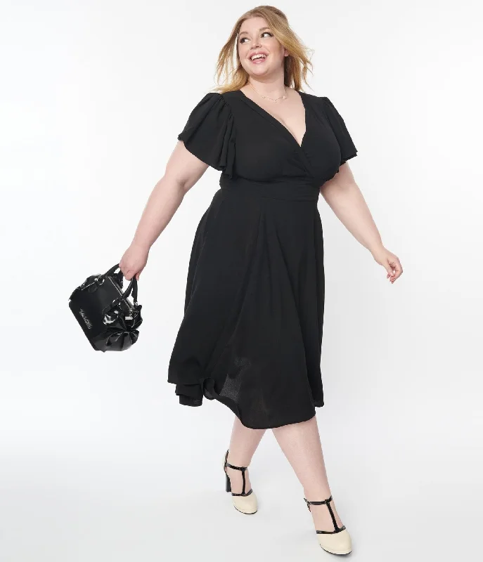 Unique Vintage Plus Size 1940s Black Texture Swing Dress