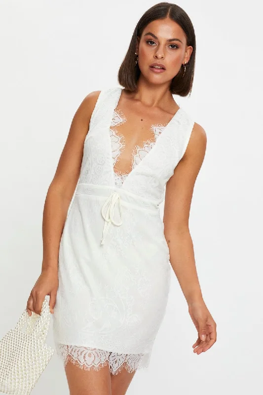 White Deep V Lace Bodycon Dress