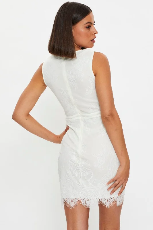 White Deep V Lace Bodycon Dress