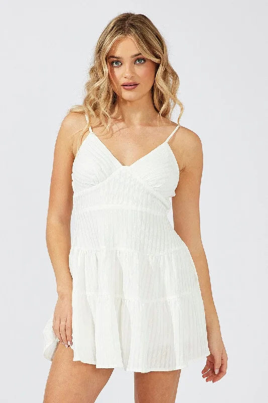 White Fit And Flare Dress Mini Textured Fabric