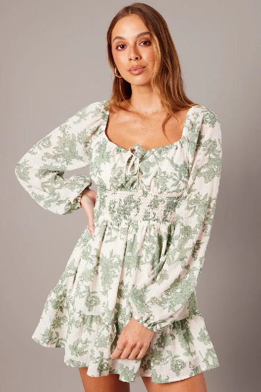 White Floral Fit and Flare Dress Long Sleeve Ruched Bust