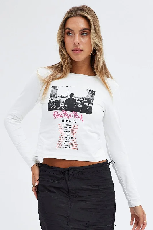 White Top Long Sleeve Crew Neck Semi-Crop Tour Graphic