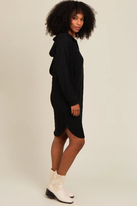 Black Ribbed Hoodie Maternity Dress