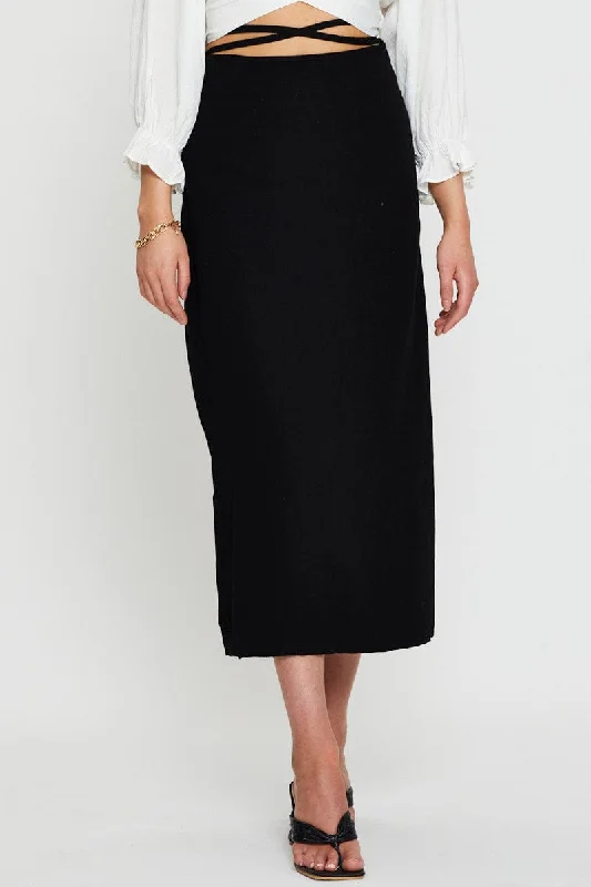 Black Tie Waist Midi Skirt