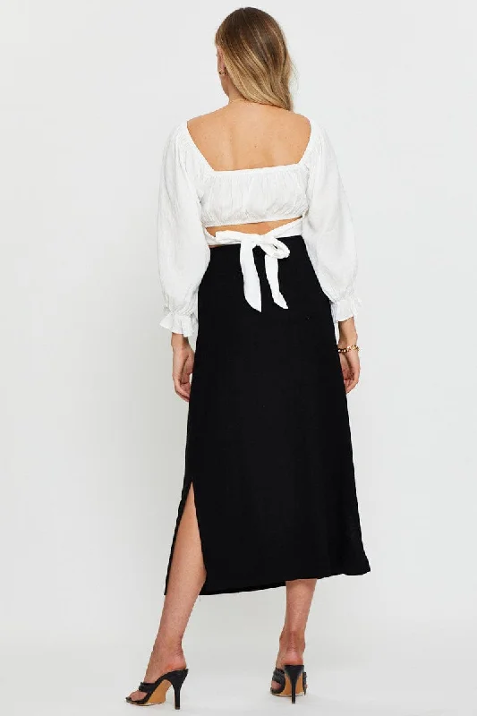 Black Tie Waist Midi Skirt