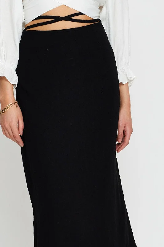 Black Tie Waist Midi Skirt