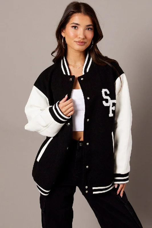 Black Varsity Jacket Long Sleeves Embroidery Details