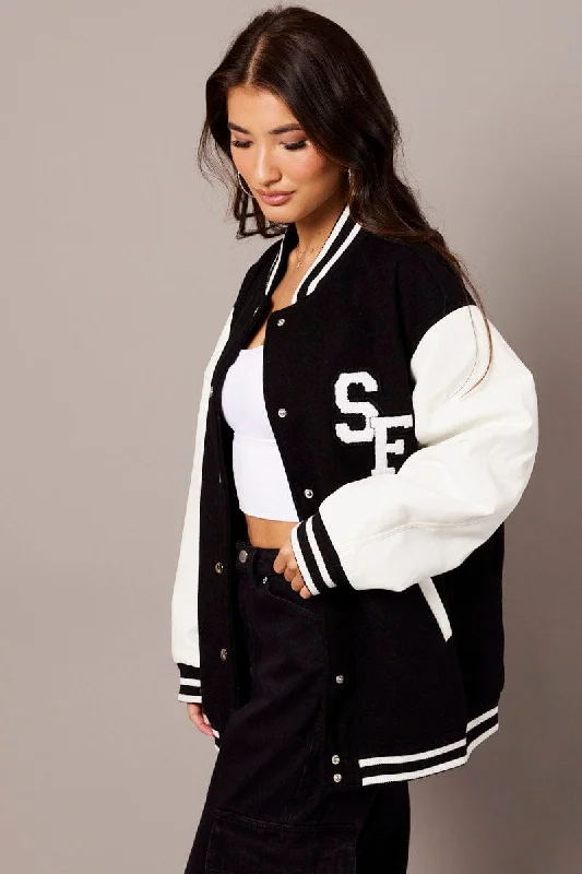 Black Varsity Jacket Long Sleeves Embroidery Details