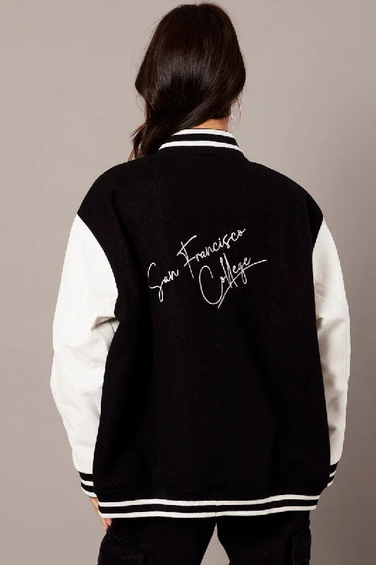 Black Varsity Jacket Long Sleeves Embroidery Details