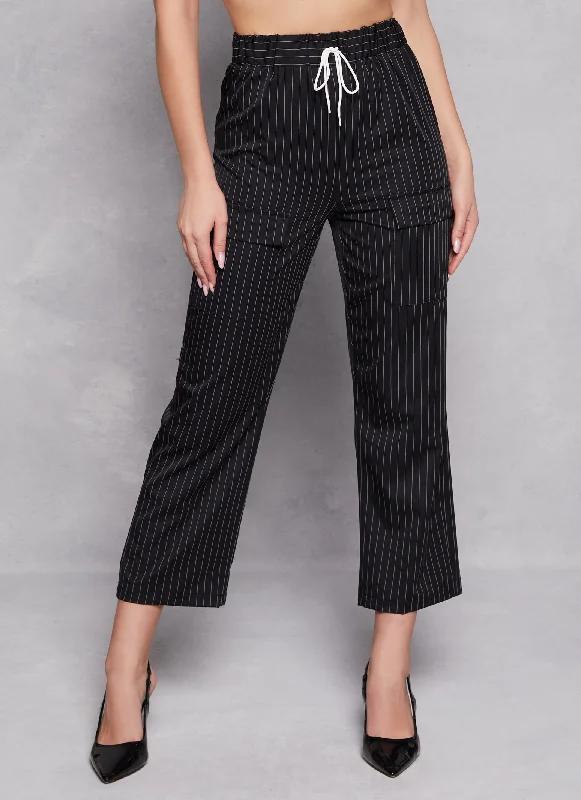 Pinstripe Faux Drawstring Cargo Pocket Pants