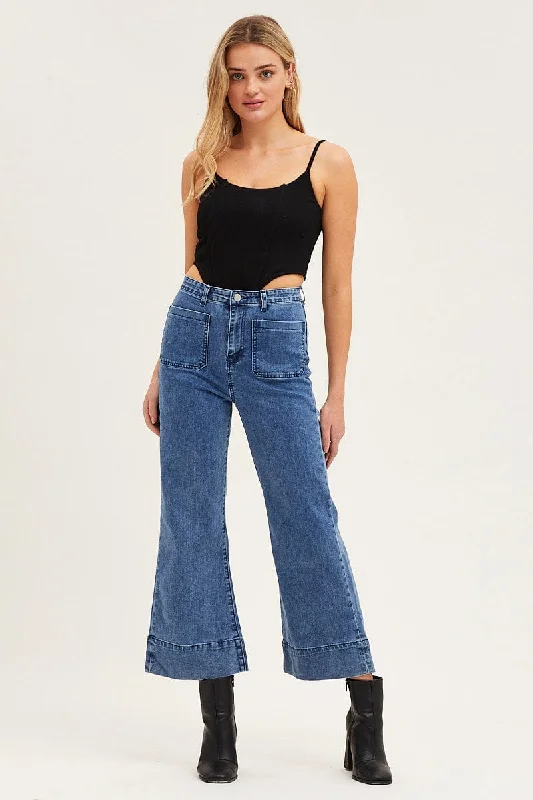 Blue Denim Jeans High Rise Wide Leg Pocket