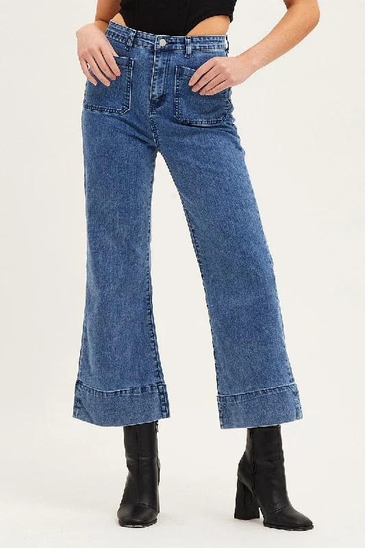 Blue Denim Jeans High Rise Wide Leg Pocket